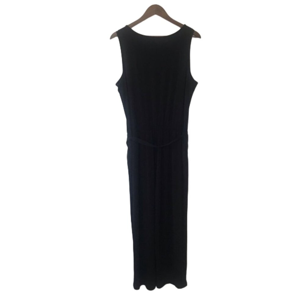 Susan Graver Liquid Knit Sleeveless Crop Jumpsuit Black Wide Leg Pockets Size L - Picture 3 of 8
